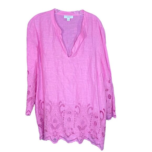 Charter Club Lux Linen Collection Pink Eyelet Lace Top Womens Size XL 3-4 Sleeve - Picture 2 of 6